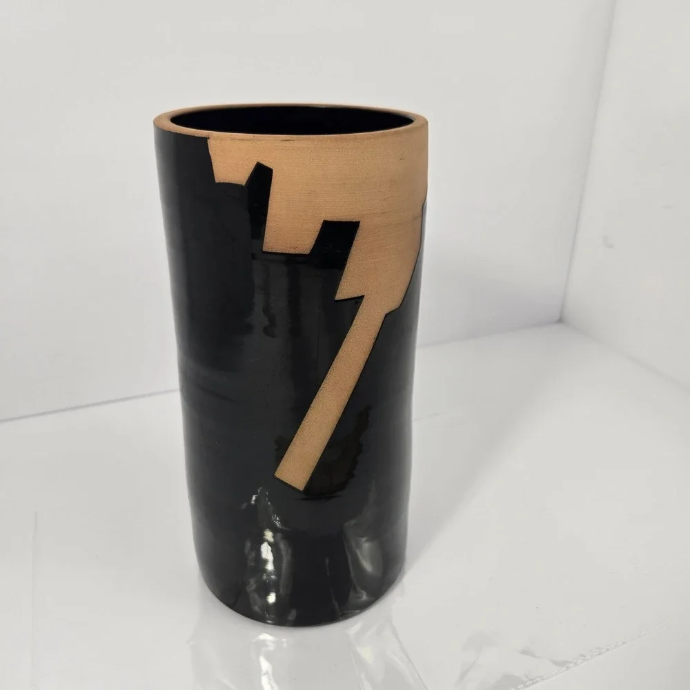 Chiminazzo Italy Postmodern Black Terracotta Geometric Cylinder Vase Signed